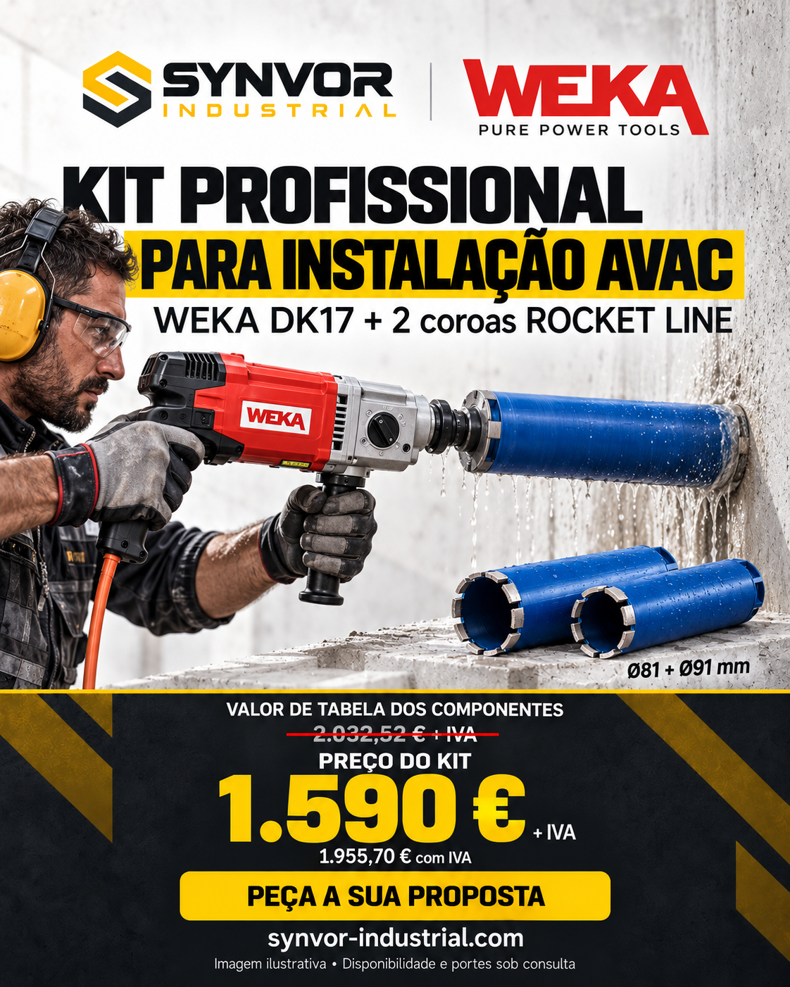 Kit caroteadora WEKA DK17 com coroas Carbodiam Rocket Line Ø81 e Ø91 mm para AVAC